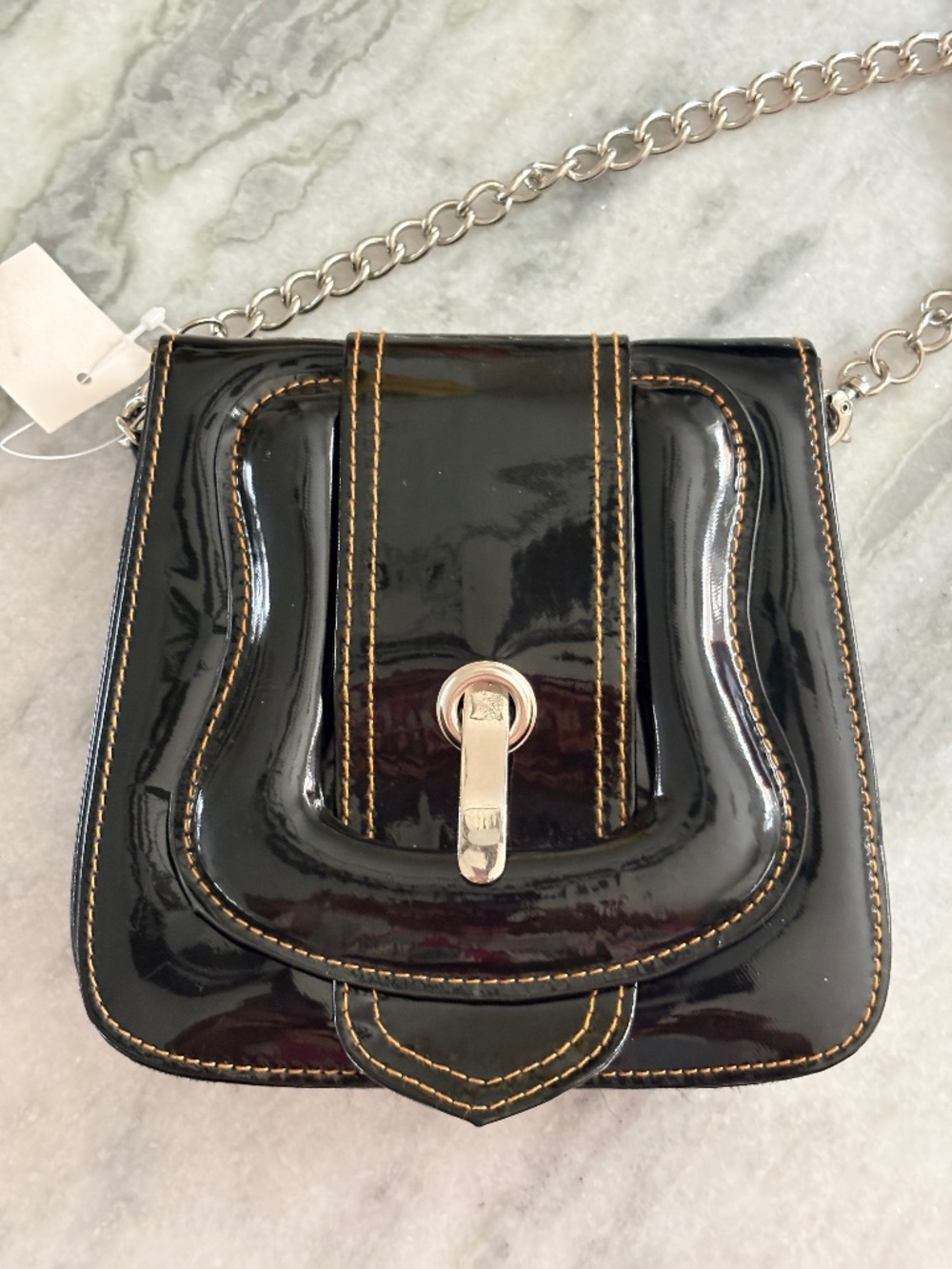 Y2K Dark chocolate High Gloss Faux Leather Chain Shoulder Bag Buckle Detail.
